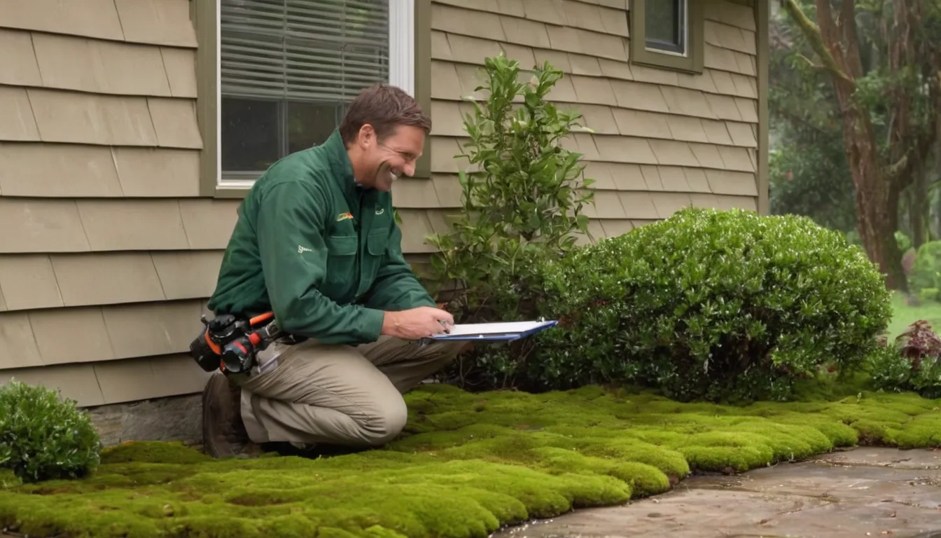 A friendly pest control provider talking with a homeowner at the front door of a wood-frame house in Portland